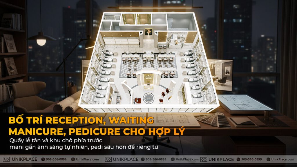 A typical layout - whether for remodel or new build - should begin with the reception area, then the waiting area, followed by manicure, pedicure, and support zones at the back.