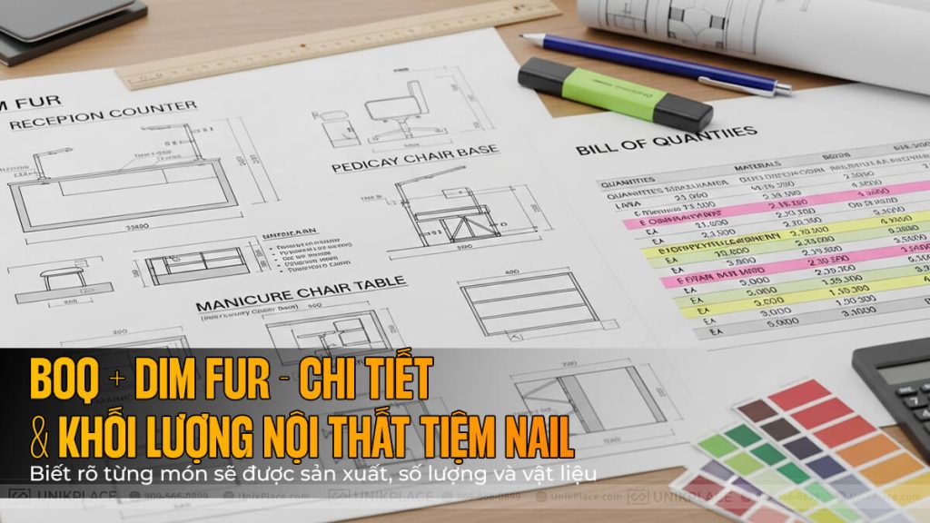 Next, we create Dim Fur - technical blueprints for each furniture item: reception desk, pedicure bench, manicure tables, waiting chairs, cabinets, and more - plus a BOQ (Bill of Quantities) listing materials, dimensions, and quantities.